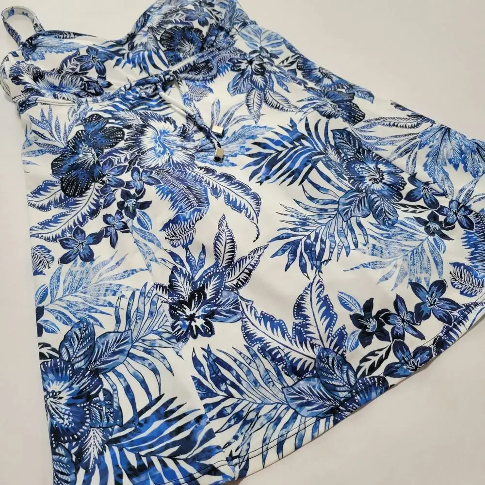 Swim Solutions Blue Blooms Printed Empire Waist Swimdress Modest NWT Size 8 - Picture 7 of 13